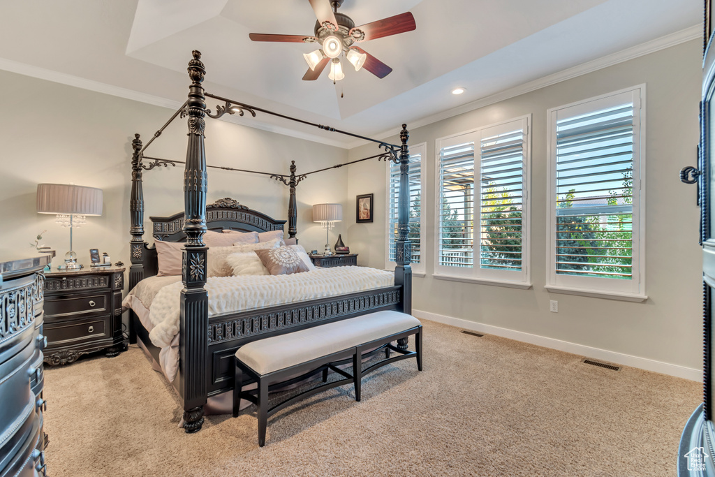 Bedroom with crown molding, light colored carpet, ceiling fan, and a raised ceiling