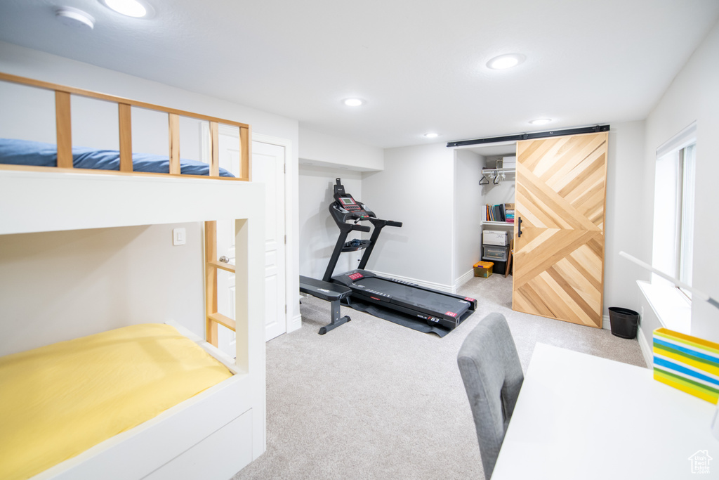 Exercise area featuring a barn door and light carpet