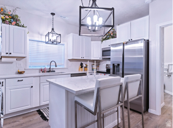 Kitchen featuring hanging light fixtures, backsplash, hardwood / wood-style flooring, and stainless steel appliances