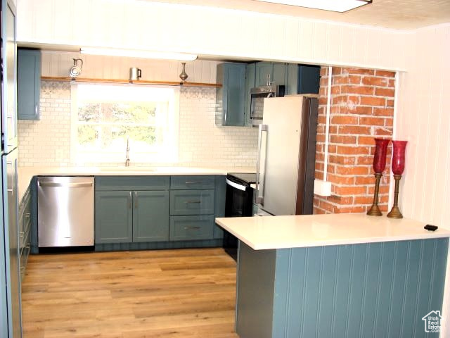 Kitchen with sink, tasteful backsplash, light wood-type flooring, stainless steel appliances, and kitchen peninsula