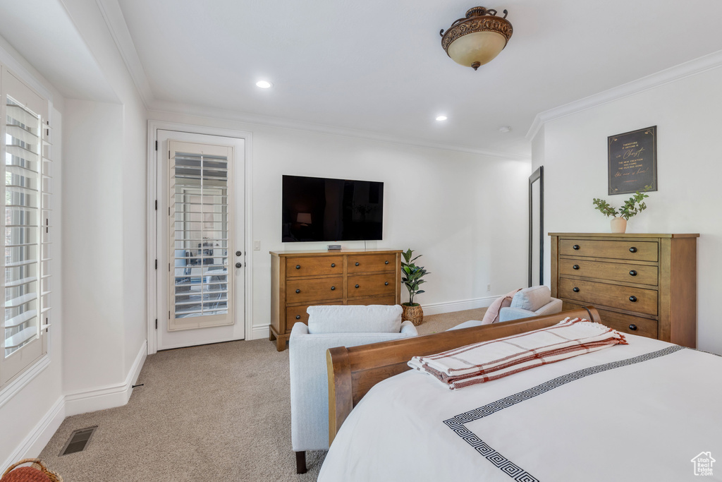 Bedroom featuring light carpet, access to exterior, and ornamental molding