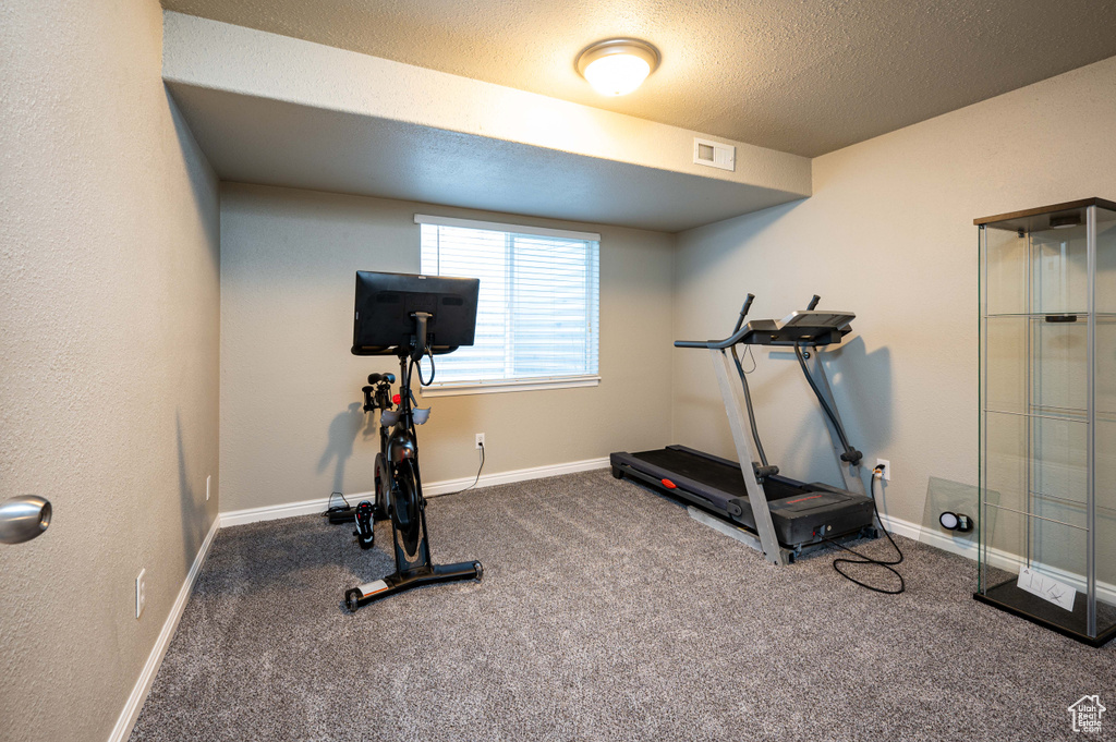 Workout area with a textured ceiling and carpet