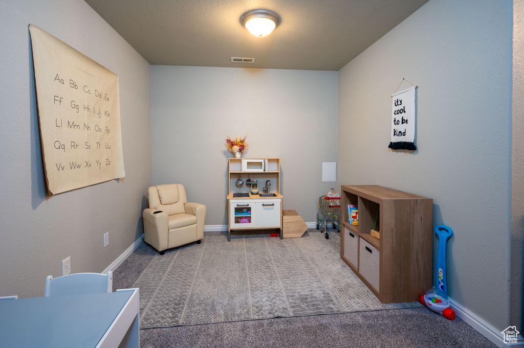 Living area featuring carpet flooring