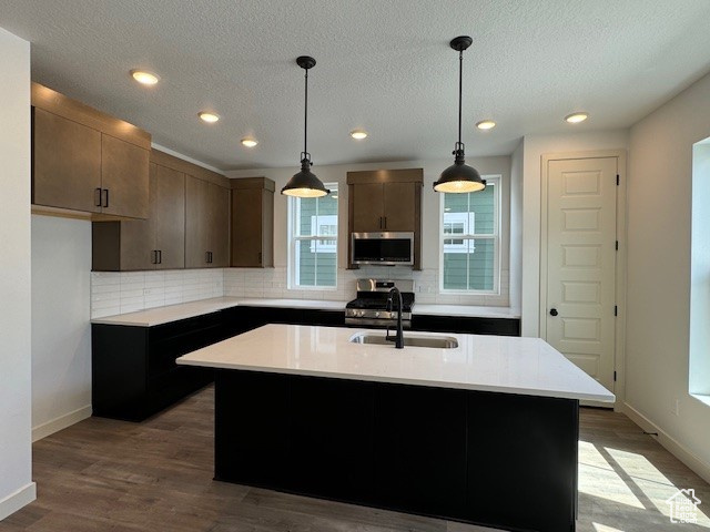 Kitchen featuring sink, backsplash, stainless steel appliances, hardwood / wood-style flooring, and a kitchen island with sink