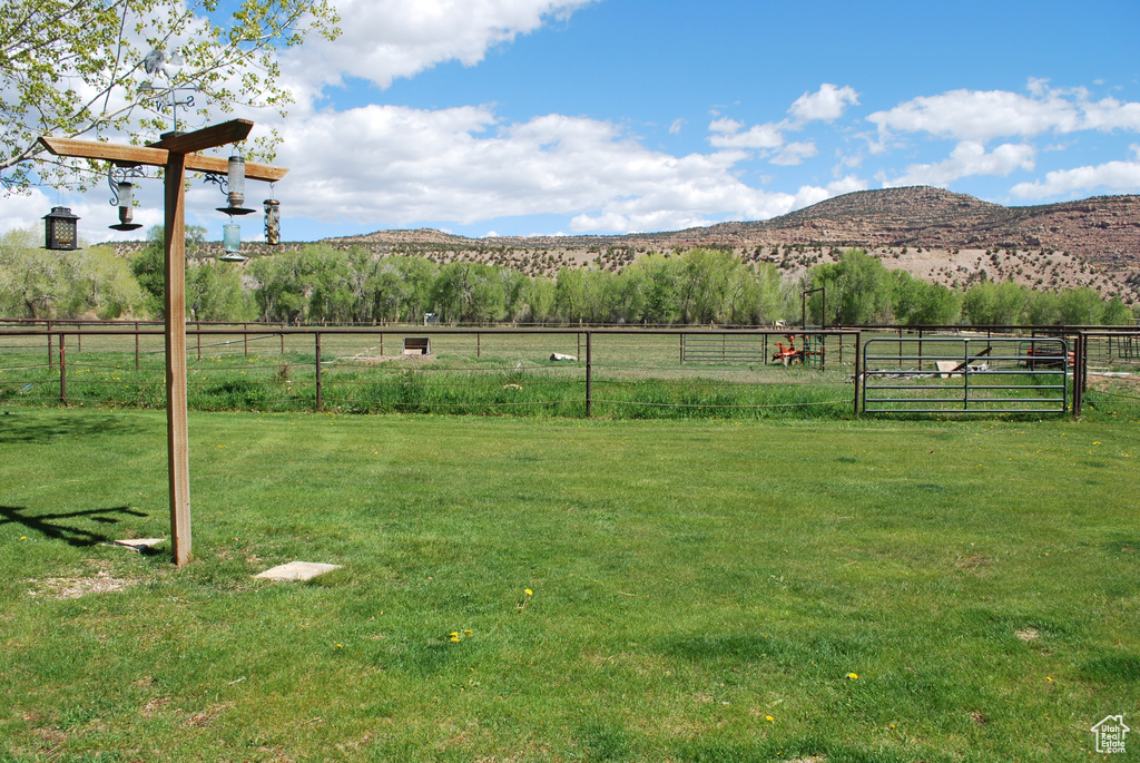 View of yard featuring a rural view and a mountain view