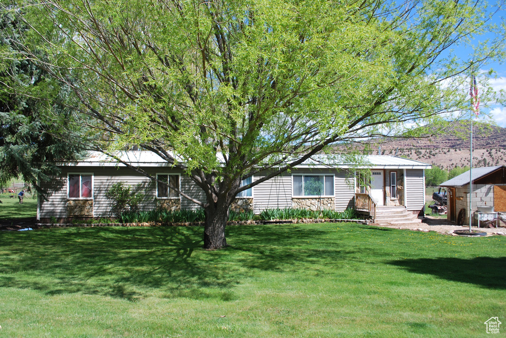 Ranch-style house with a front lawn