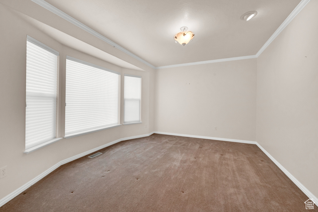 Unfurnished room with carpet and crown molding