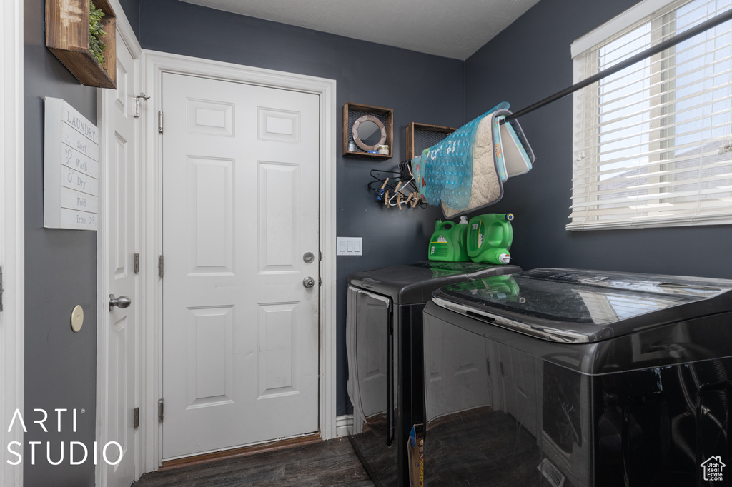 Laundry area featuring independent washer and dryer and dark hardwood / wood-style floors