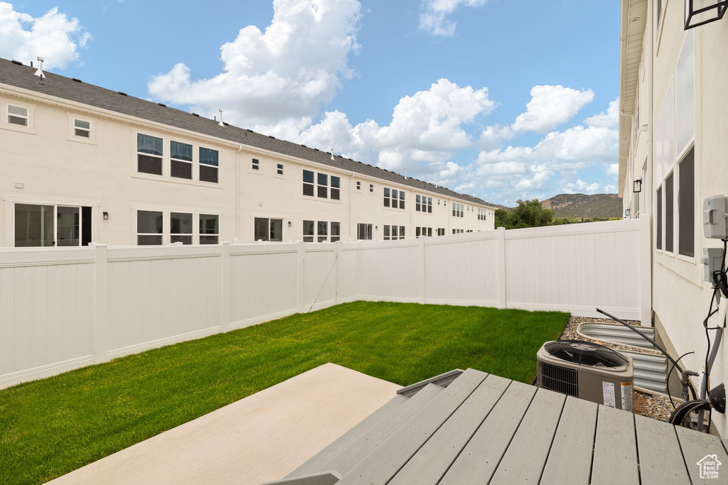 Fenced backyard with a patio area