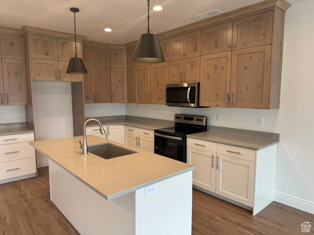 Kitchen with a kitchen island with sink, hanging light fixtures, hardwood / wood-style floors, appliances with stainless steel finishes, and sink