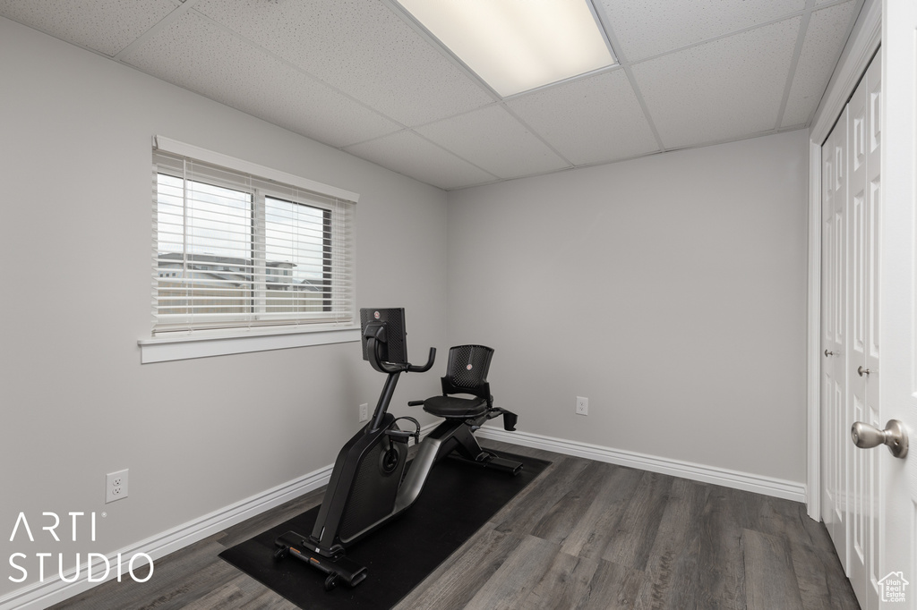 Workout area featuring dark hardwood / wood-style floors and a paneled ceiling