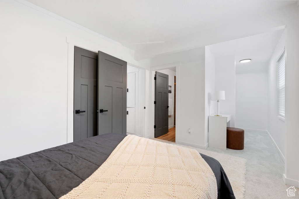 Bedroom with carpet flooring and ensuite bath