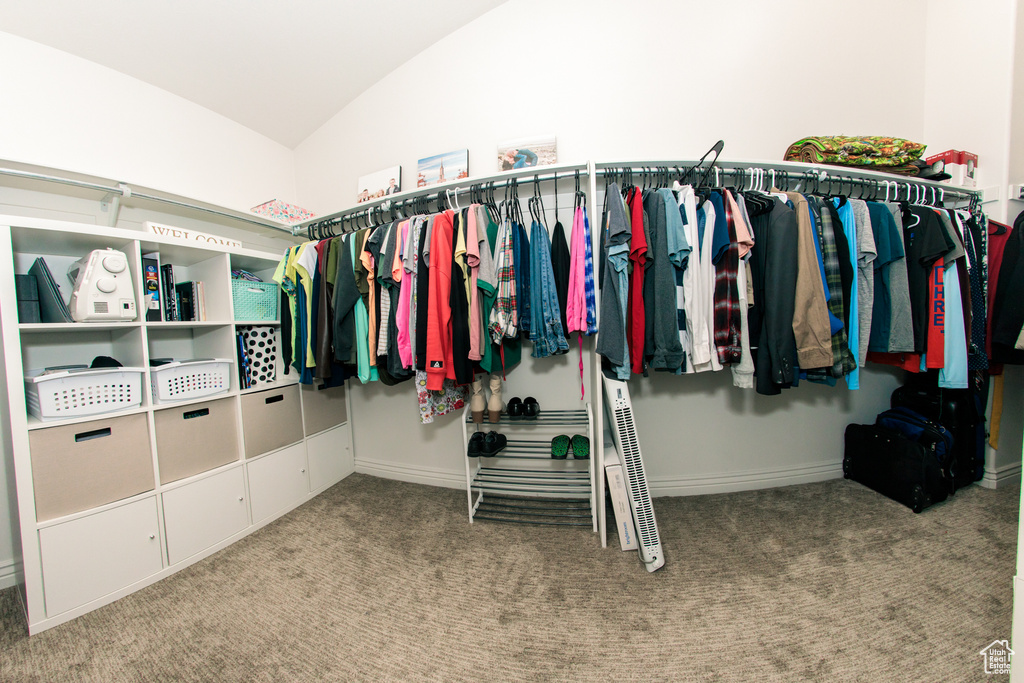 Walk in closet featuring vaulted ceiling and carpet flooring