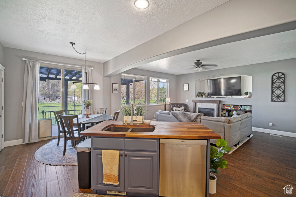 Kitchen featuring ceiling fan, sink, dishwasher, dark hardwood / wood-style flooring, and butcher block counters