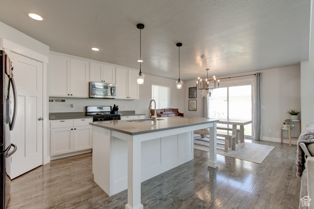 Kitchen featuring sink, appliances with stainless steel finishes, hardwood / wood-style floors, and a center island with sink