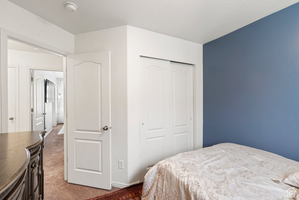 Bedroom featuring a closet and carpet floors