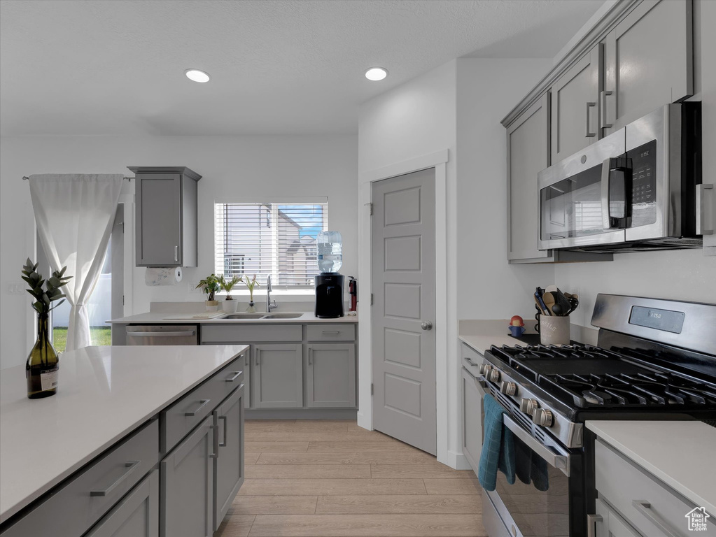 Kitchen featuring gray cabinetry, light hardwood / wood-style floors, stainless steel appliances, and sink