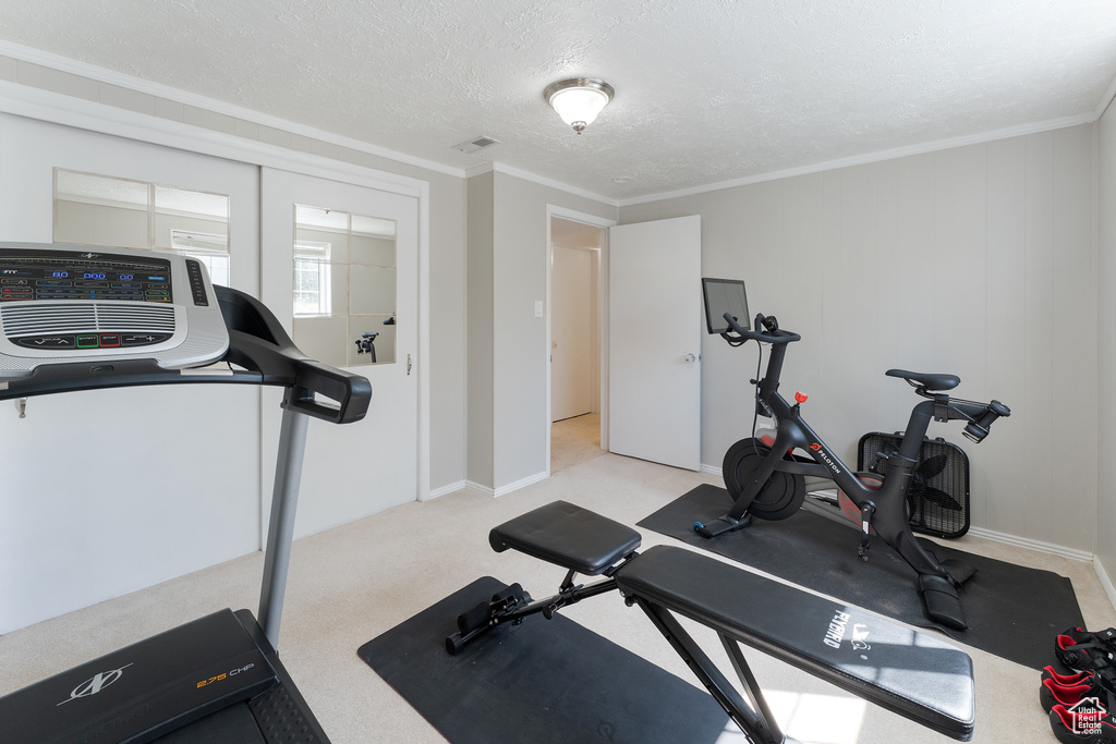 Workout area with light colored carpet, a textured ceiling, and crown molding