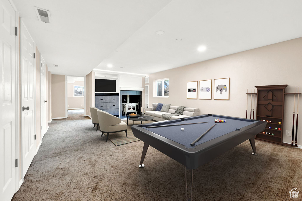 Game room with billiards and carpet