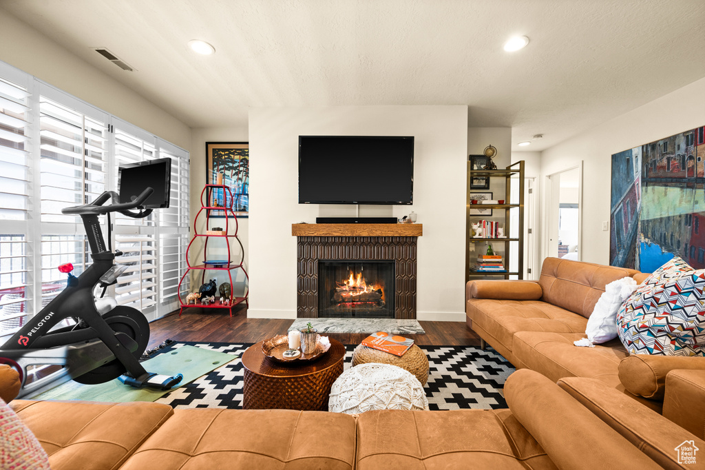 Living room with hardwood / wood-style floors and a fireplace