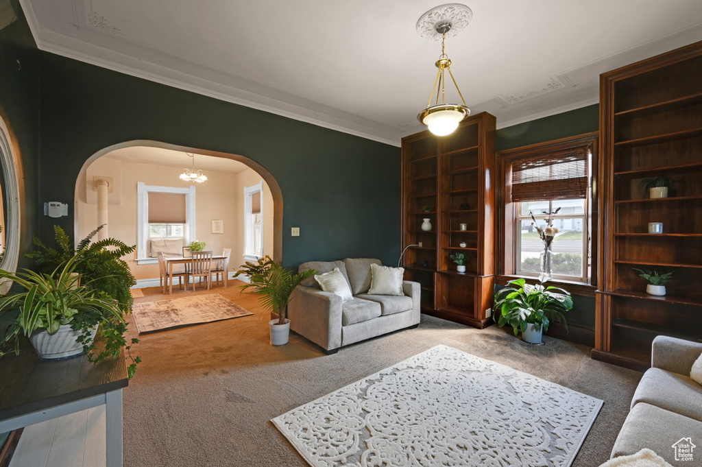 Living room with ornamental molding and carpet floors