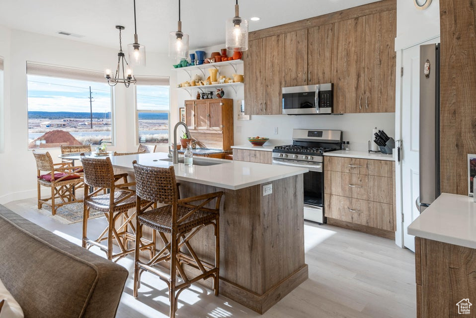 Kitchen featuring an island with sink, sink, decorative light fixtures, stainless steel appliances, and light hardwood / wood-style flooring