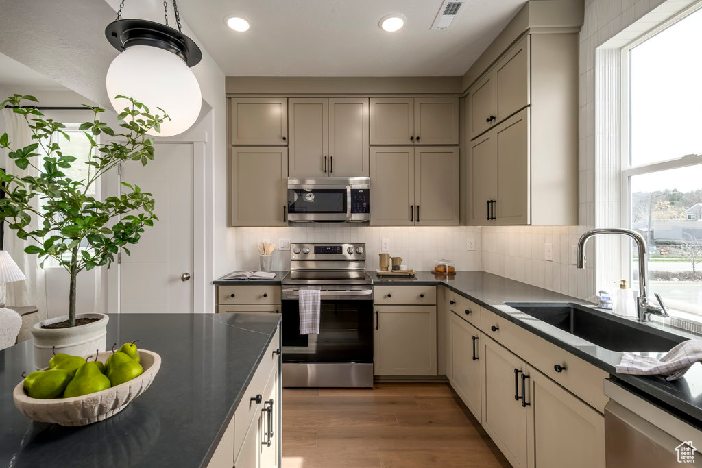 Kitchen featuring hardwood / wood-style flooring, plenty of natural light, appliances with stainless steel finishes, and tasteful backsplash