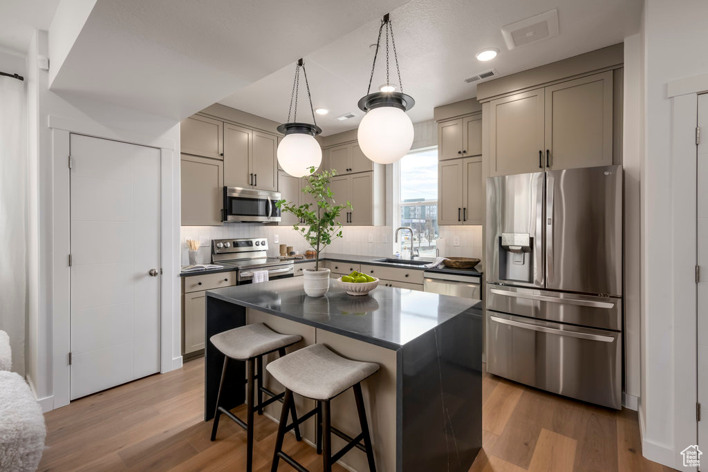 Kitchen with a kitchen island, light hardwood / wood-style floors, stainless steel appliances, and backsplash