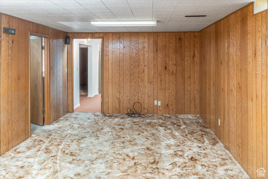 Spare room featuring wood walls and carpet flooring