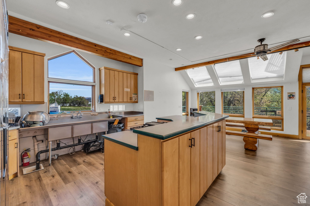 Kitchen with lofted ceiling with skylight, a healthy amount of sunlight, light wood-type flooring, and a kitchen island