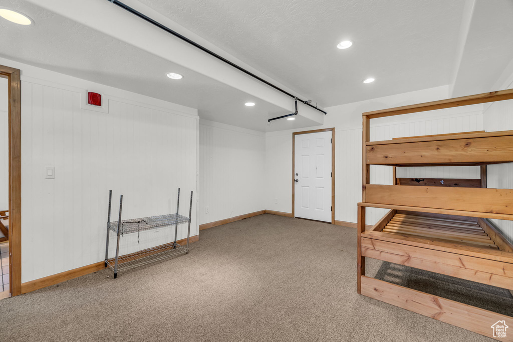 Basement with light colored carpet