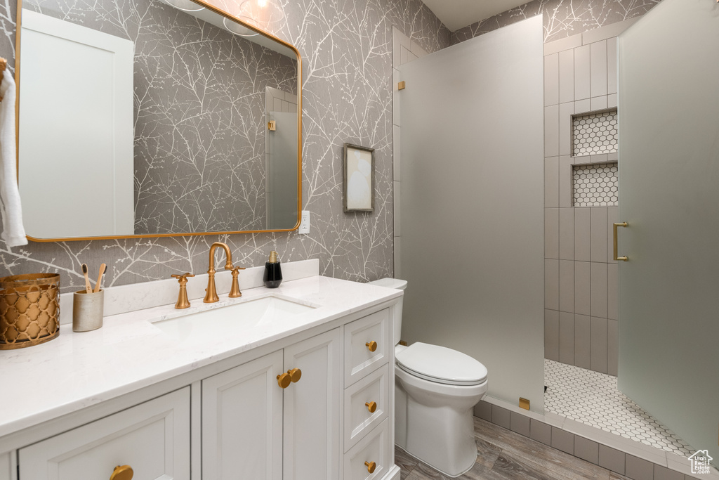 Bathroom featuring tiled shower, tasteful backsplash, toilet, vanity, and hardwood / wood-style flooring