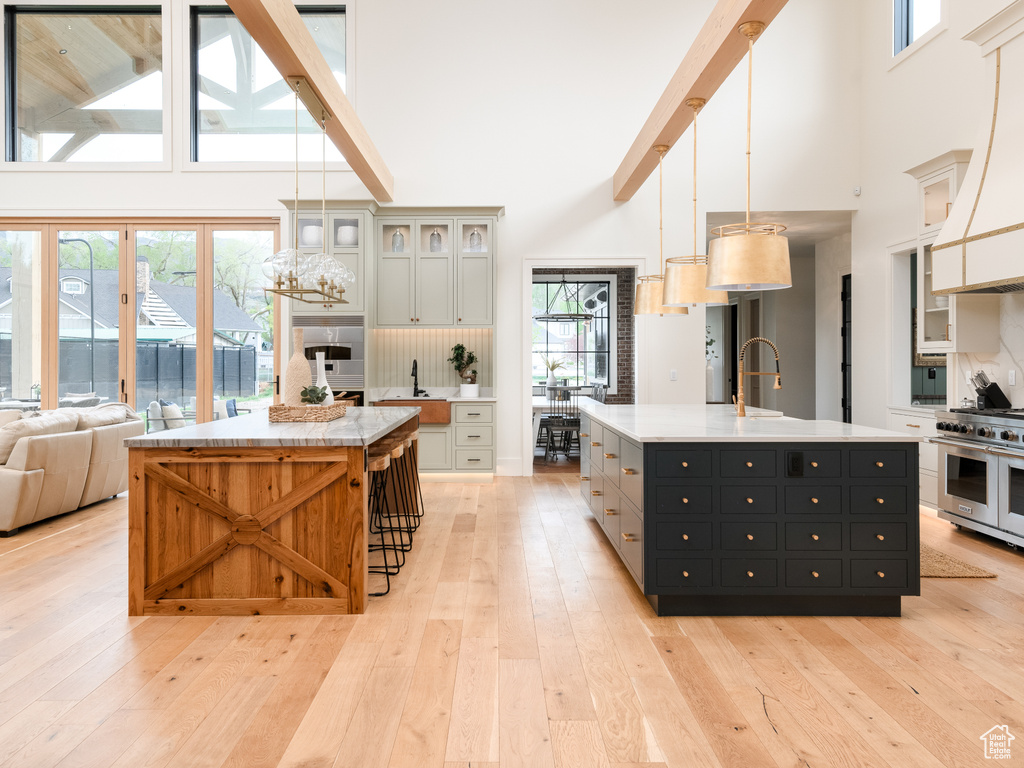 Kitchen featuring a wealth of natural light, double oven range, light wood-type flooring, and an island with sink