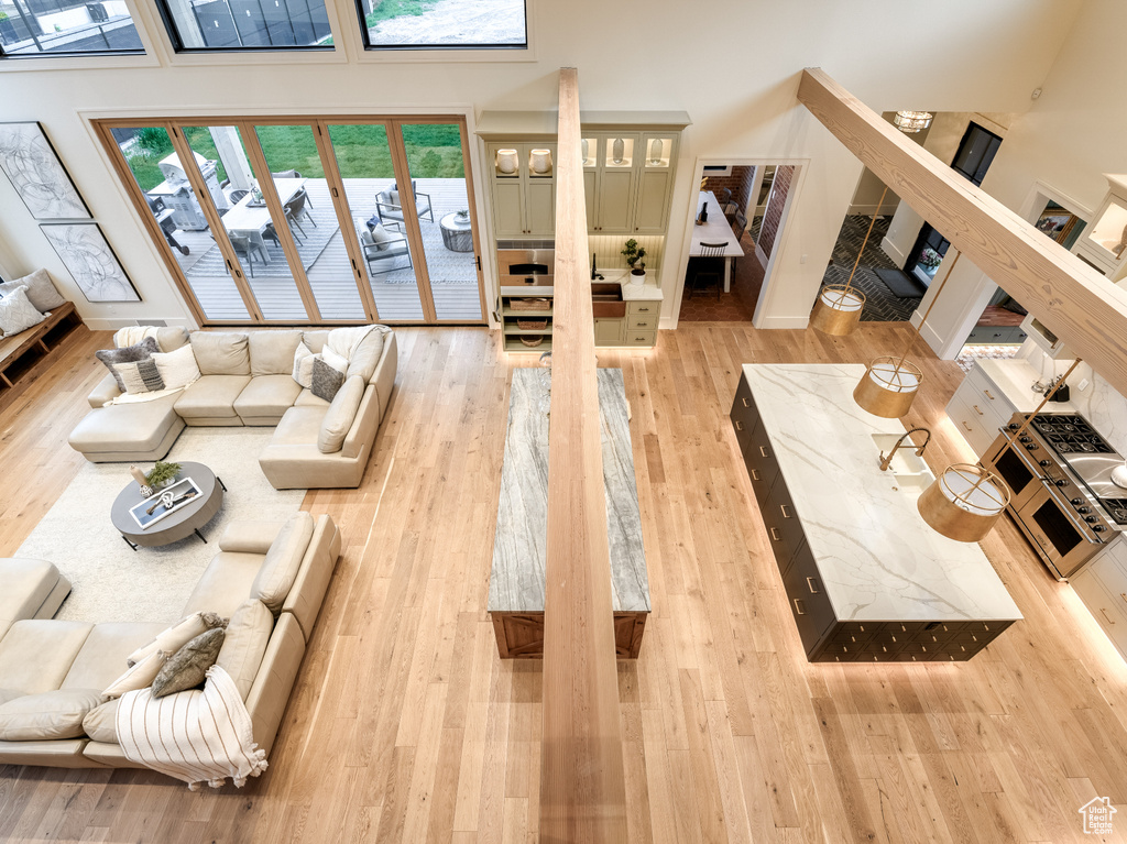 Living room with wood-type flooring and a towering ceiling