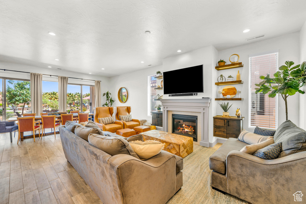 Living room with light hardwood / wood-style floors