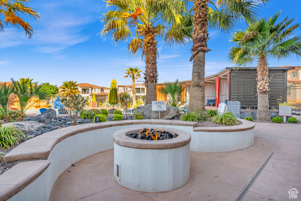 View of terrace with a fire pit