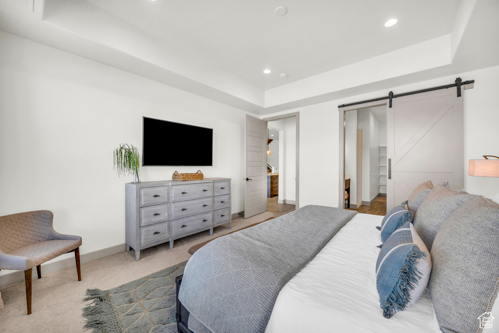 Carpeted bedroom featuring a spacious closet, a raised ceiling, and a barn door