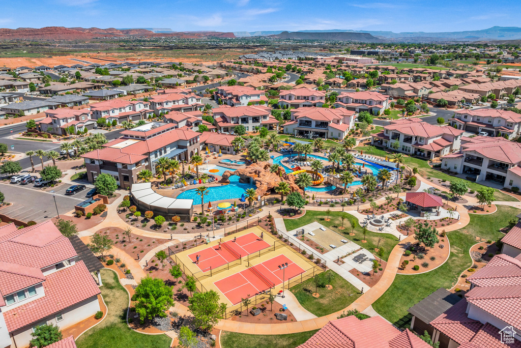 Drone / aerial view featuring a mountain view