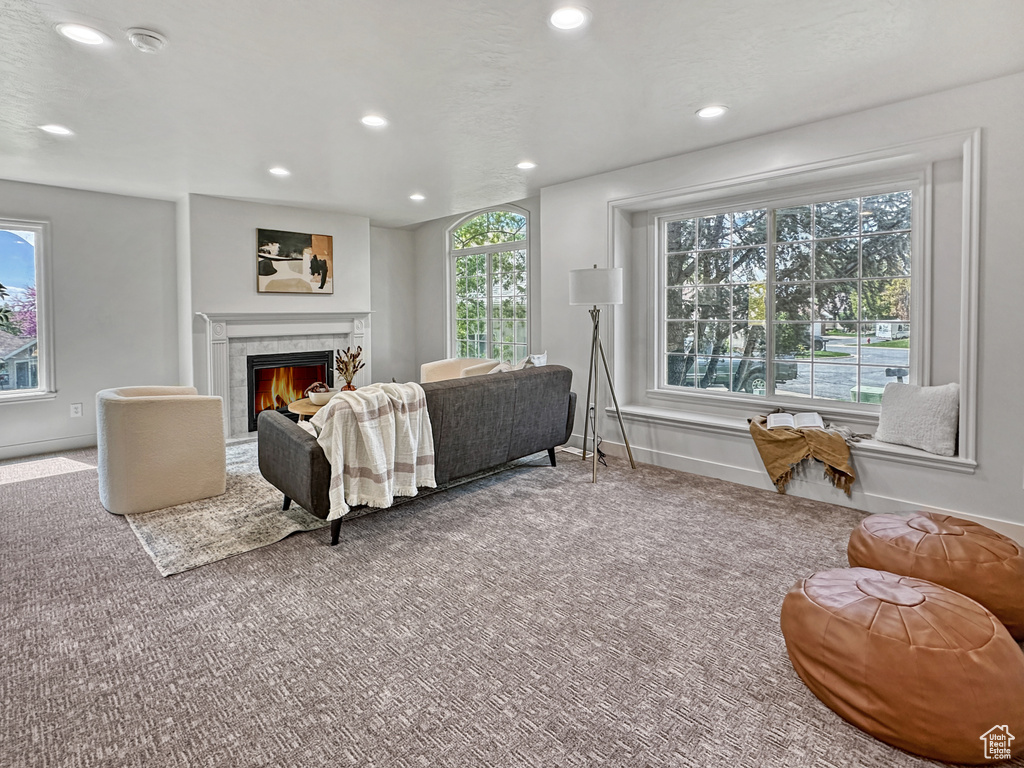 Interior space with carpet and a tiled fireplace