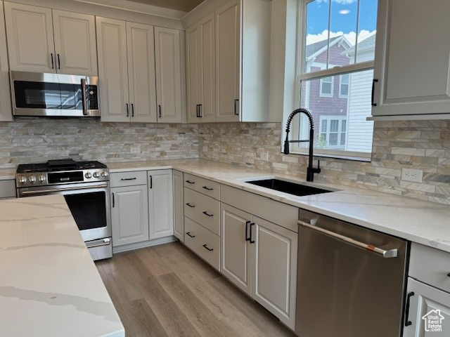 Kitchen featuring a wealth of natural light, light hardwood / wood-style floors, stainless steel appliances, and sink