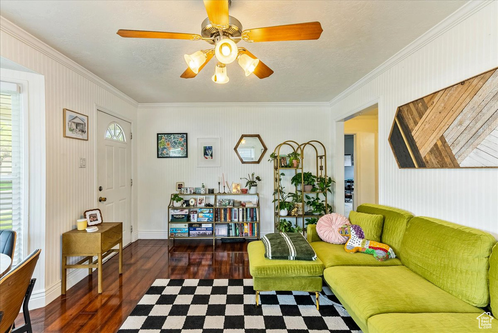 Living room featuring dark hardwood / wood-style floors, ceiling fan, and ornamental molding