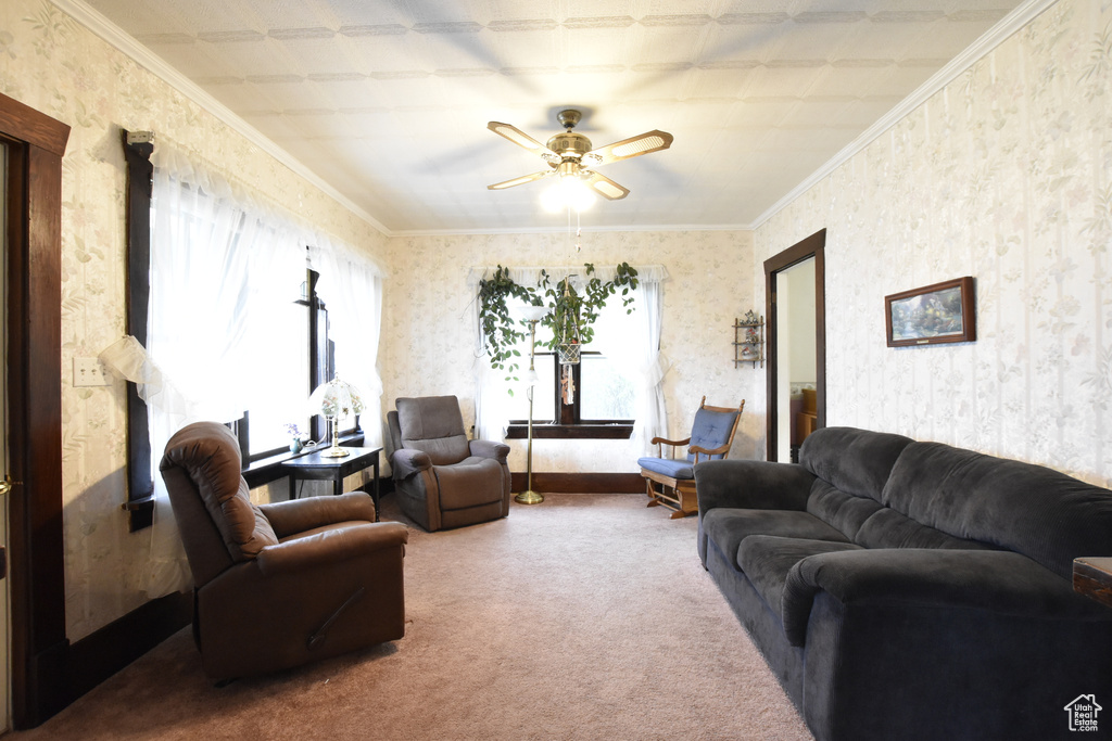 Living room featuring crown molding, carpet, and ceiling fan