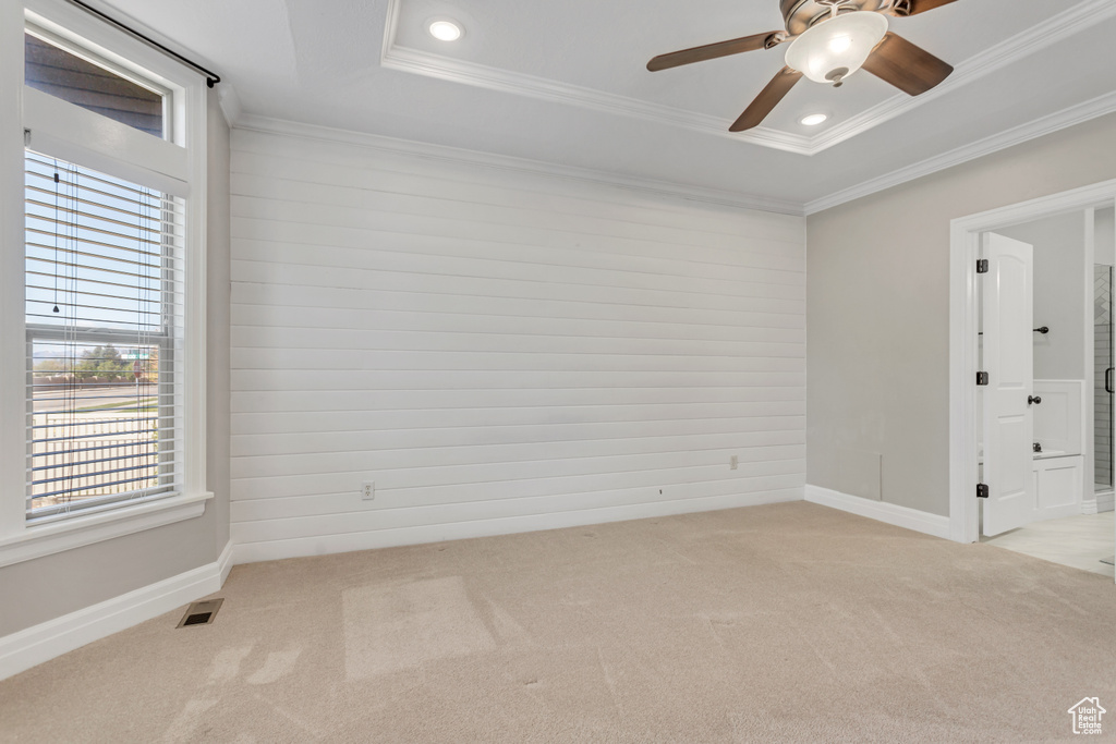 Unfurnished room featuring crown molding, light colored carpet, ceiling fan, and a raised ceiling