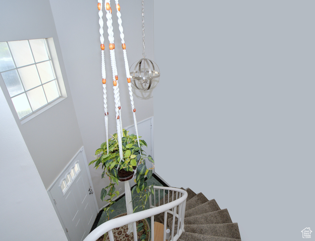 Stairs with a high ceiling and an inviting chandelier