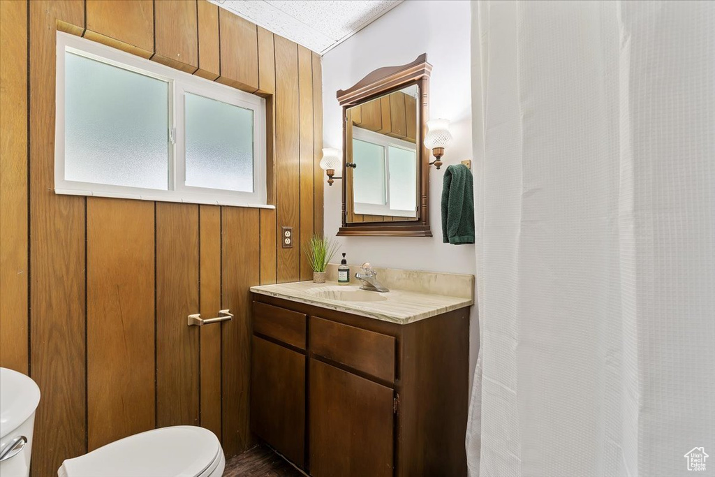 Bathroom with wooden walls, toilet, and large vanity
