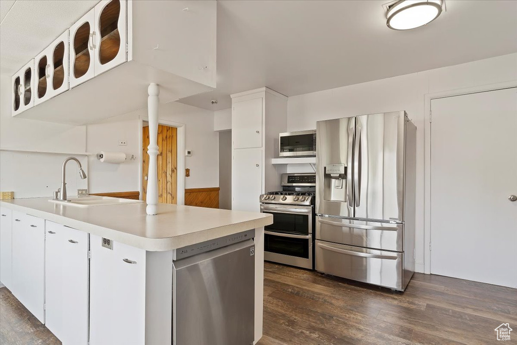 Kitchen with white cabinets, stainless steel appliances, and dark wood-type flooring