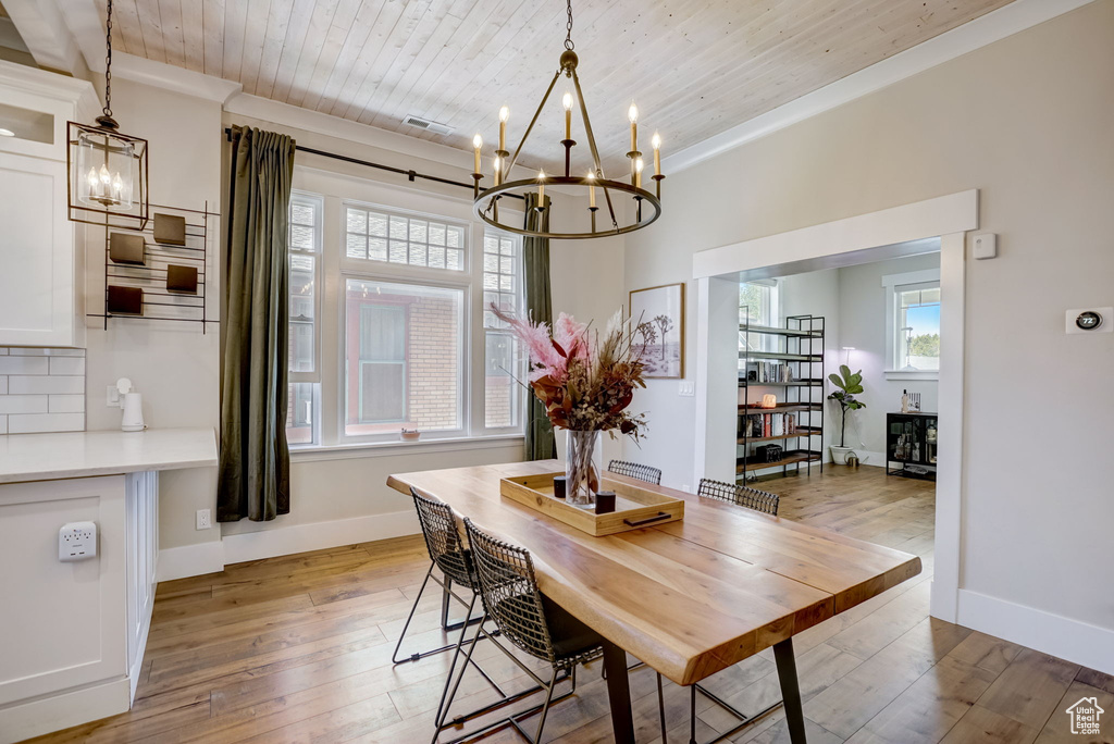 Dining space featuring wood-type flooring, wood ceiling, a fireplace, a notable chandelier, and ornamental molding