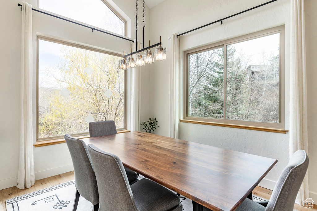 Dining room with light hardwood / wood-style flooring, a wealth of natural light, and an inviting chandelier