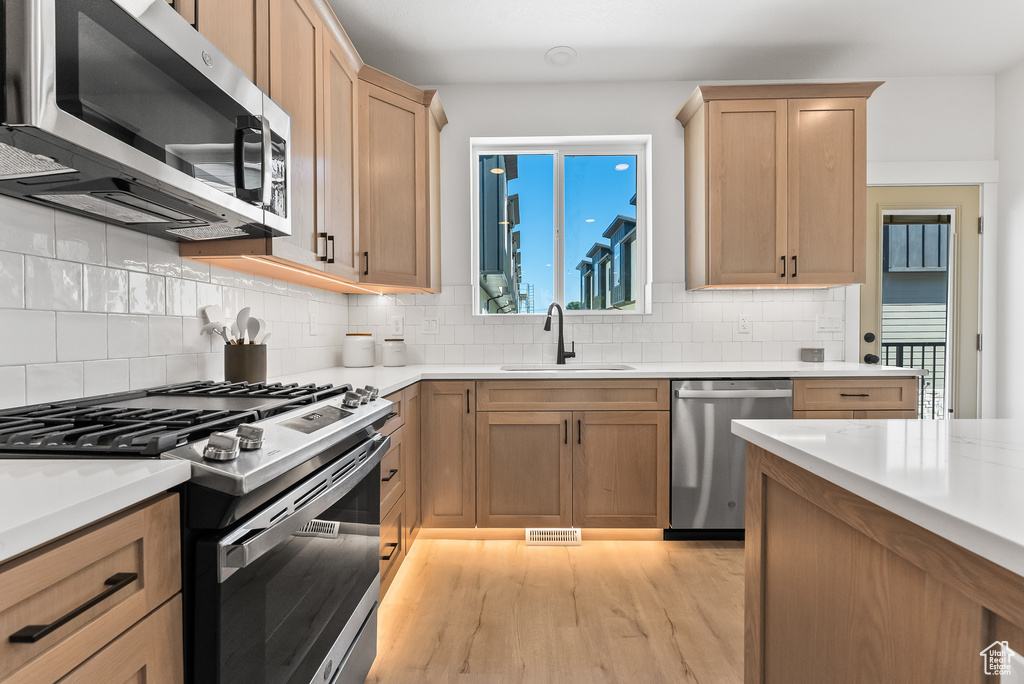 Kitchen with sink, light hardwood / wood-style floors, tasteful backsplash, plenty of natural light, and stainless steel appliances