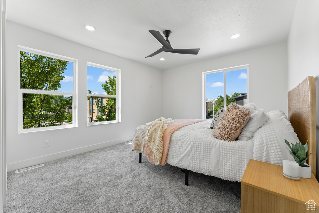 Bedroom with multiple windows, carpet flooring, and ceiling fan